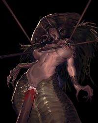 Rule 34 | 1girl, absurdres, black hair, blood, breasts, guro, highres, impaled, impaled breasts, lagon, lamia, milk, monster girl, nude, pointy ears, polearm, sex, snake girl, snake tail, spear, tail, weapon, yellow eyes