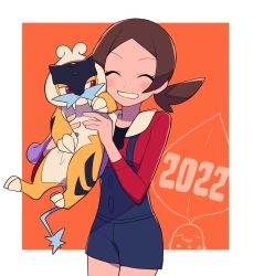 Rule 34 | 1girl, 2022, blue overalls, border, brown hair, chikorita, commentary request, creatures (company), game freak, gen 2 pokemon, grin, hands up, highres, holding, holding pokemon, legendary pokemon, long hair, lyra (pokemon), miniature, new year, nintendo, no headwear, orange background, overalls, pokemon, pokemon (creature), pokemon hgss, raikou, red shirt, shirt, smile, twintails, tyako 089, white border