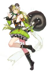 Rule 34 | 1girl, absurdres, animal ears, bad id, bad pixiv id, black footwear, boots, breasts, cleavage, detached sleeves, elsword, flower, frills, full body, green eyes, green hair, green skirt, hair flower, hair ornament, highres, kemonomimi mode, knee boots, long hair, looking at viewer, matching hair/eyes, pointy ears, ponytail, rena erindel, skirt, smile, solo, squirrel ears, squirrel tail, tail, utut, v, white background, wind sneaker (elsword)