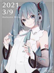 Rule 34 | 1girl, 39, absurdres, black skirt, blue eyes, blue hair, blue nails, blue ribbon, character name, closed mouth, detached sleeves, dress shirt, grey background, grey sleeves, hair between eyes, hair ornament, hatsune miku, hatsune miku (nt), headphones, highres, layered sleeves, long hair, long sleeves, looking at viewer, mssp1015, nail polish, neck ribbon, pleated skirt, ribbon, shirt, skirt, sleeveless, sleeveless shirt, smile, solo, twintails, twitter username, upper body, very long hair, vocaloid, white shirt