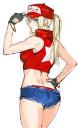 Rule 34 | 1girl, ass, bare shoulders, baseball cap, blonde hair, blue eyes, breasts, cropped jacket, denim, denim shorts, fatal fury, fingerless gloves, from behind, genderswap, genderswap (mtf), gloves, hat, hat tip, highres, lips, looking back, micro shorts, ponytail, short shorts, shorts, simple background, sleeveless, snk, snk heroines: tag team frenzy, solo, terry bogard, tetsu (kimuchi), the king of fighters, white background