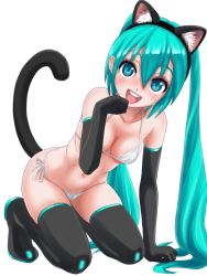 Rule 34 | 1girl, animal ears, aqua eyes, aqua hair, arm support, bare shoulders, bikini, black footwear, blush, boots, breasts, cat ears, cat tail, cleavage, elbow gloves, gloves, hatsune miku, kneeling, long hair, looking at viewer, o-minato, open mouth, paw pose, side-tie bikini bottom, simple background, smile, solo, swimsuit, tail, thigh boots, thighhighs, twintails, very long hair, vocaloid, white background, white bikini