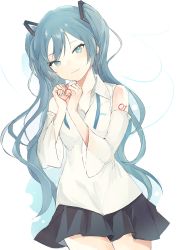 1girl, bangs, bare shoulders, black skirt, blue eyes, blue hair, blue nails, blush, closed mouth, collared shirt, commentary, detached sleeves, dutch angle, hands up, hatsune miku, heart, heart hands, highres, long hair, long sleeves, looking at viewer, lpip, nail polish, pleated skirt, see-through, see-through sleeves, shirt, skirt, sleeveless, sleeveless shirt, smile, solo, twintails, very long hair, vocaloid, white background, white shirt, white sleeves, wide sleeves