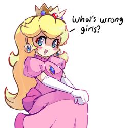 Rule 34 | 1girl, :d, animated, animated gif, blinking, blonde hair, blush, body horror, brooch, cropped legs, crown, dress, earrings, elbow gloves, english text, extra eyes, gloves, heart, heart-shaped pupils, jewelry, long hair, looking at viewer, mario (series), nin10ja, nintendo, open mouth, pink dress, princess peach, simple background, sitting, smile, solo, super mario bros. 1, symbol-shaped pupils, white background, white gloves