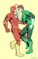 Rule 34 | 2boys, bara, barry allen, black bodysuit, blush, bodysuit, boots, brown hair, chocolate, couple, dc comics, domino mask, english text, evinist, feeding, food, gloves, green bodysuit, green lantern, green lantern (series), hal jordan, highres, holding, holding food, large pectorals, looking at another, male focus, mask, multiple boys, muscular, muscular male, pectorals, red bodysuit, short hair, smile, the flash, the flash (series), two-tone bodysuit, white gloves, yaoi