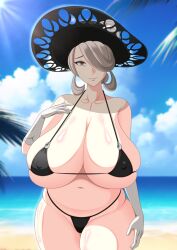 Rule 34 | 1girl, alternate breast size, beach, bikini, black bikini, breasts, cleavage, cloud, cogita (pokemon), creatures (company), day, elbow gloves, feet out of frame, game freak, gloves, grey eyes, grey hair, hand on own chest, highres, huge breasts, long hair, looking at viewer, mature female, navel, nintendo, ocean, outdoors, palm tree, plump, pokemon, pokemon legends: arceus, s.forest, sagging breasts, sky, solo, standing, swimsuit, thick thighs, thighs, tree