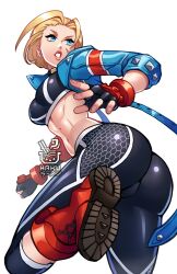 Rule 34 | 1girl, abs, armored gloves, ass, black pants, black sports bra, blonde hair, blue eyes, blue jacket, boots, breasts, cammy white, capri pants, combat boots, commentary, cropped jacket, english commentary, facial scar, fingerless gloves, gloves, hakuramen, highres, imminent kick, jacket, leather, leather jacket, lips, medium breasts, midriff, mole, mole on stomach, pants, red footwear, scar, scar on cheek, scar on face, short hair, single vambrace, solo, sports bra, street fighter, street fighter 6, tight clothes, tight pants, toned, vambraces, watermark
