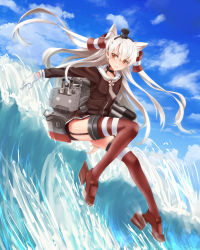 Rule 34 | 10s, 1girl, amatsukaze (kancolle), bad id, bad pixiv id, brown eyes, dress, garter straps, highres, kantai collection, lasts, long hair, personification, rensouhou-chan, rensouhou-kun, sailor dress, school uniform, serafuku, short dress, silver hair, striped clothes, striped thighhighs, thighhighs, twintails, two side up, water, zettai ryouiki