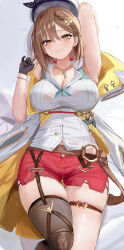 1girl absurdres arm_up armpits atelier_(series) atelier_ryza atelier_ryza_2 bare_shoulders belt black_gloves blush breasts brown_belt brown_hair brown_thighhighs cleavage closed_mouth collarbone gloves hair_ornament hat highres jewelry key key_necklace large_breasts lshiki lying necklace on_back red_shorts reisalin_stout short_hair short_shorts shorts single_thighhigh skindentation smile thick_thighs thigh_strap thighhighs thighs yellow_eyes