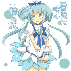 Rule 34 | 1girl, aoki reika, blue eyes, blue hair, blue theme, brooch, choker, color connection, cosplay, crossover, cure beauty, cure marine, cure marine (cosplay), dress, earrings, hair ornament, happy, heart, heart brooch, heartcatch precure!, jewelry, kasetsu, long hair, magical girl, matching hair/eyes, precure, puffy sleeves, ribbon, simple background, smile, smile precure!, solo, translation request, white background, wrist cuffs