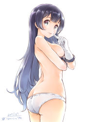 Rule 34 | 10s, 1girl, agano (kancolle), ass, black hair, blunt bangs, breasts, butt crack, covering privates, covering breasts, female focus, from behind, from side, gloves, green eyes, kantai collection, large breasts, lips, long hair, looking at viewer, looking back, moupii (hitsuji no ki), panties, parted lips, simple background, solo, thighs, topless, underwear, underwear only, white background, white gloves, white panties