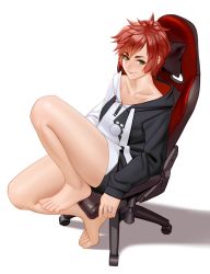 Rule 34 | 1girl, absurdres, barefoot, chair, commentary, cosplay, feet, gaming chair, green eyes, highres, hololive, jewelry, kairunoburogu, legs, looking at viewer, looking up, ookami mio, ookami mio (casual), ookami mio (cosplay), original, red hair, ring, shadow, short hair, simple background, sitting, smile, solo, swivel chair, thighs, toes, virtual youtuber, white background