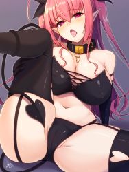 Rule 34 | 1girl, ass, bad id, bad pixiv id, belt collar, bikini, black bikini, black collar, black gloves, black ribbon, black tail, black thighhighs, blush, breast press, breasts, cameltoe, clothing cutout, collar, commentary request, covered clitoris, cross-laced clothes, demon girl, demon tail, elbow gloves, fang, garter straps, gloves, gold trim, hair between eyes, hair ribbon, half-closed eyes, head tilt, heart, heart-shaped pupils, heart cutout, heart o-ring, highres, large breasts, leg lift, long hair, looking at viewer, navel, nose blush, open mouth, original, pink eyes, pink hair, pointy ears, ramchi, ribbon, sitting, solo, spread legs, strapless, strapless bikini, swimsuit, symbol-shaped pupils, tail, thighhighs, thighs, tongue, tongue out, two side up, unaligned breasts