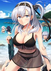 Rule 34 | 4girls, abyssal ship, alternate costume, anchor symbol, ass, bare shoulders, beach, bikini, unworn bikini, black bikini, black hair, blue eyes, blue ribbon, blue sky, blush, bottomless, breasts, brown eyes, clothes writing, collarbone, cowboy shot, day, enemy naval mine (kancolle), hachimaki, hair between eyes, hair ornament, hair ribbon, hairclip, hamakaze (kancolle), hatsushimo (kancolle), headband, highres, holding, ichikawa feesu, kantai collection, kasumi (kancolle), large breasts, long hair, looking at viewer, low-tied long hair, mountain, multiple girls, navel, ocean, one side up, open mouth, outdoors, pointing, revision, ribbon, rock, short hair, side ponytail, sidelocks, silver hair, sky, smile, stomach, suzutsuki (kancolle), swimsuit, unworn swimsuit, very long hair