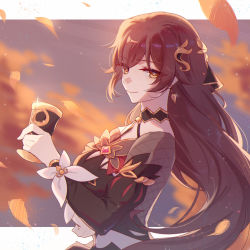 Rule 34 | 1girl, blue sky, chalice, closed mouth, cloud, cloudy sky, cup, dress, earrings, eden (honkai impact), hair ornament, highres, holding cup, honkai (series), honkai impact 3rd, jewelry, long hair, long sleeves, looking at viewer, outdoors, petals, purple dress, purple hair, silence (pixiv18541142), sky, smile, solo, upper body