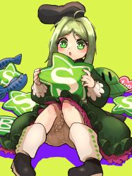 Rule 34 | 1girl, black footwear, brown headwear, character name, dress, fish, green background, green dress, green eyes, green hair, green sleeves, hands up, heart, highres, howhow notei, long sleeves, open mouth, pants, pillow, shadow, shoes, short hair, short hair with long locks, sitting, socks, solo, square, star (symbol), teireida mai, touhou, ufo, white pants, white socks