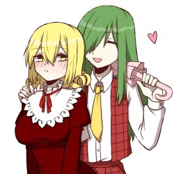 Rule 34 | 1boy, 1girl, :d, :t, blonde hair, blush, breasts, buttons, capelet, curly hair, dress, dress shirt, elly (touhou), frilled capelet, frills, genderswap, genderswap (ftm), hair between eyes, hand on another&#039;s shoulder, heart, hetero, highres, kazami yuuka, kazami yuuka (pc-98), large breasts, long hair, long sleeves, looking at another, necktie, open mouth, parasol, plaid, plaid vest, red dress, red neckwear, red ribbon, red vest, ribbon, shirt, sidelocks, smile, toaruroku, touhou, touhou (pc-98), umbrella, vest, white capelet, white shirt, yellow eyes, yellow neckwear
