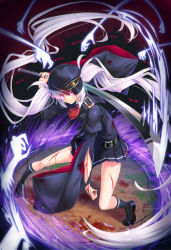 Rule 34 | 1girl, absurdres, ascot, blood, commentary request, cuts, fighting stance, glowing, glowing eyes, hat, highres, holding, holding sword, holding weapon, injury, katana, long hair, looking at viewer, original, peaked cap, pleated skirt, purple eyes, skirt, solo, sword, tonchan, twintails, weapon, white hair, wind
