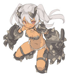 Rule 34 | 1girl, arm strap, armor, bikini armor, blade (galaxist), breasts, dark-skinned female, dark skin, fang, gauntlets, greaves, horns, kneeling, long hair, navel, open mouth, original, pauldrons, red eyes, shiny skin, shoulder armor, silver hair, simple background, small breasts, solo, thigh strap, twintails, white background