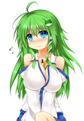 Rule 34 | 1girl, ahoge, bare shoulders, between breasts, blue eyes, blush, breasts, cleavage, collarbone, detached sleeves, flying sweatdrops, frog hair ornament, green hair, hair ornament, highres, kochiya sanae, large breasts, long sleeves, md5 mismatch, pocky, sitting, snake hair ornament, solo, touhou, us2s, v arms, wavy mouth, white background, wide sleeves