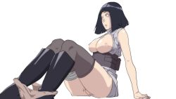 Rule 34 | 1girl, arm support, bare shoulders, black hair, blunt bangs, boots, boruto: naruto next generations, breasts, breasts out, female focus, female masturbation, funhentaiparody, highres, hyuuga hinata, knee boots, large breasts, masturbation, medium hair, naruto, naruto (series), nipples, panties, panties around ankles, panty pull, parted lips, purple eyes, pussy, simple background, skindentation, teeth, thighhighs, underwear, white background