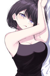 Rule 34 | 1girl, black camisole, black hair, blush, bob cut, breasts, camisole, cleavage, highres, ichiki 1, large breasts, looking at viewer, lying, mole, mole under mouth, on side, original, purple eyes