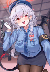 Rule 34 | 1girl, blue archive, blue hat, haruna (blue archive), hat, highres, long hair, long sleeves, looking at viewer, mi taro333, open mouth, pantyhose, police, police uniform, red eyes, smile, solo, uniform