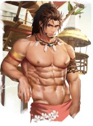Rule 34 | 1boy, abs, absurdres, anjingkuxiao, armband, artist name, bara, bare pectorals, beard, facial hair, final fantasy, final fantasy xiv, flower, highres, large pectorals, looking at viewer, mature male, muscular, muscular male, navel, nipples, original, pectoral cleavage, pectorals