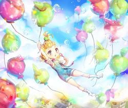 Rule 34 | 1girl, ahoge, apple cookie, balloon, bangs pinned back, blonde hair, blue eyes, blush, breasts, bubble, blowing bubbles, commentary request, cookie run, humanization, short hair, sky, solo, soriya, translation request, yuki (dajin)