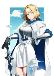 Rule 34 | 1girl, blonde hair, blue eyes, brown dust 2, chest armor, cloak, cloud, falling feathers, feathers, feet out of frame, gloves, hand on own hip, head tilt, highres, holding, holding sword, holding weapon, hood, hooded cloak, justia (brown dust), looking at viewer, short hair, small horns, sword, tamamoice, thighs, vambraces, weapon, white cloak