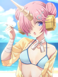 Rule 34 | 1girl, :o, bandaged arm, bandages, beach, bikini, blue bikini, blue eyes, blue sky, blurry, blurry background, breasts, choker, cleavage, cloud, collarbone, day, double bun, fate/grand order, fate (series), frankenstein&#039;s monster (fate), frankenstein&#039;s monster (swimsuit saber) (fate), frankenstein&#039;s monster (swimsuit saber) (first ascension) (fate), hair bun, hair ornament, hair over one eye, holding, holding spoon, looking at viewer, navel, ocean, outdoors, pink hair, ribbon, ribbon choker, short hair, sky, small breasts, solo, spoon, swimsuit, swimsuit cover-up, upper body, walkure, white ribbon