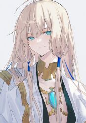 Rule 34 | 1boy, aqua eyes, blonde hair, closed mouth, fate/grand order, fate/grand order arcade, fate (series), gem, grey background, hair between eyes, highres, jewelry, long hair, looking at viewer, male focus, neck ring, noah (fate), robe, sherry 0014, sidelocks, simple background, solo, twitter username, upper body, white robe
