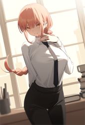 Rule 34 | 1girl, black necktie, black pants, braid, braided ponytail, breasts, business suit, chainsaw man, closed mouth, collared shirt, cowboy shot, desk, dutch angle, formal, indoors, kildir, large breasts, long hair, long sleeves, looking at viewer, makima (chainsaw man), necktie, office lady, pants, red hair, ringed eyes, shirt, shirt tucked in, sidelocks, smile, suit, tented shirt, thigh gap, yellow eyes