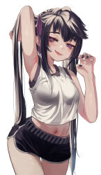 Rule 34 | 1girl, absurdres, ahoge, arm behind back, armpits, bare arms, bare shoulders, black hair, black nails, black shorts, blush, bra visible through clothes, breasts, commentary request, dolphin shorts, hair between eyes, hair ribbon, highres, licking, licking lips, long hair, looking at viewer, mesugaki, micro shorts, midriff, nail polish, navel, original, priite hari (torriet), purple eyes, purple ribbon, revision, ribbon, shirt, short shorts, shorts, sleeveless, sleeveless shirt, small breasts, smile, solo, standing, tongue, tongue out, torriet, twintails, upper body, very long hair, white shirt