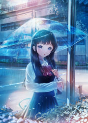 Rule 34 | 1girl, :o, absurdres, ball, black dress, black eyes, black hair, blunt bangs, blush, bow, bowtie, building, collared shirt, commentary request, dress, dress shirt, flower, highres, holding, holding umbrella, hose, kenzo 093, long hair, long sleeves, looking at viewer, original, outdoors, parted lips, pinafore dress, plant, pleated dress, potted plant, purple bow, purple bowtie, rain, road, shirt, sleeveless, sleeveless dress, soccer ball, solo, straight hair, street, striped bow, striped bowtie, striped clothes, striped neckwear, town, transparent, transparent umbrella, umbrella, white flower, white shirt, wing collar