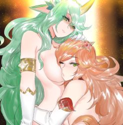 Rule 34 | 2girls, breasts, green eyes, green hair, highres, horns, hug, large breasts, league of legends, looking at viewer, multiple girls, nude, pd (pdpdlv1), red hair, miss fortune (league of legends), sideboob, soraka (league of legends), star guardian (league of legends), star guardian miss fortune, star guardian soraka, yuri