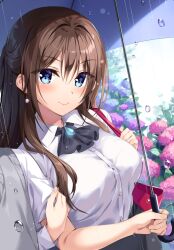 Rule 34 | 1boy, 1girl, blue eyes, blue flower, blush, boku no kanojo sensei, breasts, brown hair, closed mouth, collared shirt, commentary, earrings, flower, fujiki maka, hair between eyes, half updo, holding, holding umbrella, hydrangea, jewelry, large breasts, locked arms, long hair, long sleeves, looking at viewer, official art, oryo (oryo04), out of frame, outdoors, purple flower, rain, shared umbrella, shirt, sidelocks, smile, solo focus, umbrella, very long hair, water drop, white shirt, wing collar