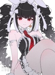 1girl animal_ears bare_shoulders black_leotard celestia_ludenberg crossed_legs danganronpa_(series) danganronpa_2:_goodbye_despair fishnet_thighhighs fishnets highres leotard necktie official_alternate_costume pote_(pote_39) rabbit_ears rabbit_tail red_eyes red_necktie simple_background smile solo tail thighhighs