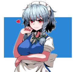 Rule 34 | 1girl, absurdres, apron, arm up, blue background, blush, bow, braid, breasts, closed mouth, commentary, einzeilhandery, english commentary, formicid (style), green bow, grey hair, hair bow, heart, highres, izayoi sakuya, large breasts, looking at viewer, maid, maid headdress, medium breasts, medium hair, parody, pixel art, red eyes, short sleeves, side braids, simple background, smile, solo, style parody, touhou, twin braids, upper body, waist apron