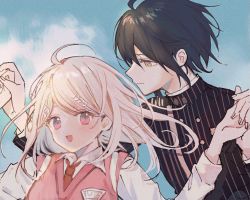 Rule 34 | 1boy, 1girl, :d, ahoge, akamatsu kaede, black hair, black jacket, blonde hair, blush, buttons, danganronpa (series), danganronpa v3: killing harmony, double-breasted, fortissimo, hair ornament, highres, holding hands, jacket, long hair, long sleeves, looking at another, looking at viewer, musical note, musical note hair ornament, necktie, nokoru sora, open mouth, orange neckwear, pink vest, saihara shuichi, shirt, short hair, smile, striped clothes, striped jacket, sweater vest, upper body, vest, white shirt, yellow eyes