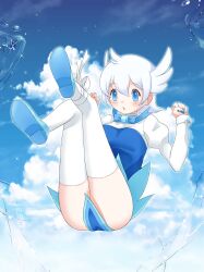 Rule 34 | 1girl, absurdres, bird wings, blue dress, blue eyes, blue footwear, blue sky, bow, bowtie, cloud, commentary, dress, english commentary, flying, highres, kneehighs, looking at viewer, nelly (altsarespicy), open mouth, ribbon, shoes, short hair, skirt, sky, socks, solo, twitter, white hair, wings, yoshizaki mine (style)