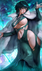 Rule 34 | 1girl, aleriia v, artist name, breasts, coat, dress, fubuki (one-punch man), fur-trimmed coat, fur trim, glowing, green eyes, green hair, highres, jewelry, large breasts, navel, necklace, one-punch man, red lips, solo, tagme, thick thighs, thighs, torn clothes, underboob, wide hips