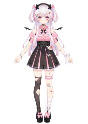 Rule 34 | 1girl, absurdres, ahoge, akovo, ankle ribbon, bandaid, bandaid on arm, bandaid on knee, bandaid on leg, bare shoulders, bat wings, black choker, black footwear, black hairband, black skirt, black thighhighs, blunt ends, blush, bow, bowtie, breasts, bridal garter, button gap, choker, cleavage, closed mouth, clothing cutout, collared shirt, cross, cross bracelet, cross earrings, cross hair ornament, cross print, demon horns, detached wings, earrings, facial mark, footwear bow, frilled skirt, frills, full body, garter straps, hair ornament, hair ribbon, hairband, hairpin, heart, heart-shaped pupils, heart ahoge, heart earrings, heart facial mark, heart hair ornament, heart o-ring, heart tattoo, high-waist skirt, highres, horns, jewelry, leg ribbon, long hair, looking at viewer, medium breasts, miniskirt, multicolored hair, o-ring, o-ring choker, official art, panties, panty straps, pink bow, pink bowtie, pink hair, pink ribbon, pink shirt, platform footwear, pleated skirt, puffy short sleeves, puffy sleeves, red eyes, ribbon, shirt, shirt tucked in, short sleeves, shoulder cutout, side-tie panties, side cutout, single garter strap, single thighhigh, skirt, smile, solo, standing, stardust project, streaked hair, symbol-shaped pupils, tachi-e, tattoo, thighhighs, tohsaka ai, torn clothes, torn thighhighs, transparent background, two side up, underboob, underwear, virtual youtuber, white hair, white ribbon, wings, wrist ribbon