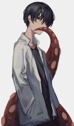 Rule 34 | 1boy, black eyes, black hair, black shirt, chainsaw man, covering own mouth, ear piercing, hand in pocket, highres, jacket, lch, looking at viewer, male focus, piercing, shirt, short hair, simple background, solo, standing, suction cups, tentacles, white background, white jacket, yoshida hirofumi