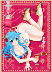 Rule 34 | 1girl, alcohol, ass, atelier (series), atelier sophie, bikini, blue eyes, blue hair, bra, breasts, chalice, cleavage, cup, female focus, hair ornament, high heels, highres, hookah, large breasts, leon (atelier), leonard liew, long hair, looking at viewer, lying, matching hair/eyes, nail polish, on side, sandals, shiny skin, smile, solo, swimsuit, thong, thong bikini, underwear, wine