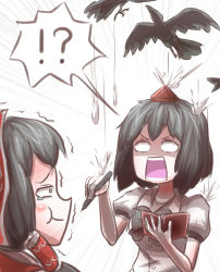 Rule 34 | !?, bird, bird droppings, cheek bulge, crow, hakurei reimu, highres, irony, laughing, notebook, out of frame, pen, peroponesosu., shaded face, shameimaru aya, square mouth, surprised, tears, touhou, trembling, upper body, white background
