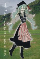 1girl alternate_costume aqua_eyes aqua_hair bunad cloud cloudy_sky day dress gluggave grass hair_ornament hat hatsune_miku highres hill iceland icelandic_clothes long_sleeves looking_at_viewer meadow outdoors photo_(medium) real_life sigil sky smile solo standing twintails vocaloid worldwide_miku