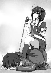 Rule 34 | 10s, 1boy, 1girl, admiral (kancolle), all fours, artist request, braid, femdom, girl on top, highres, kantai collection, kneeling, leash, leash pull, monochrome, rope, school uniform, shigure (kancolle), sitting, sitting on person, skirt, socks, white background