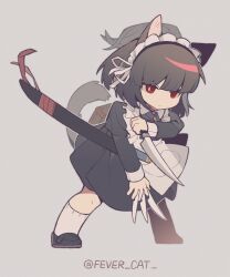 Rule 34 | 1girl, animal ears, black dress, black footwear, black hair, cat ears, cat tail, dagger, dress, fevercat, full body, half updo, highres, holding, holding dagger, holding knife, holding weapon, juliet sleeves, knife, limbus company, long sleeves, looking at viewer, maid, maid headdress, medium hair, project moon, puffy sleeves, red eyes, ryoshu (project moon), sheath, sheathed, shoes, socks, solo, tail, weapon, white socks