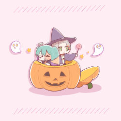 Rule 34 | &gt; &lt;, 2girls, black robe, black shirt, blunt bangs, blush, candy, chibi, chis-a, collared shirt, colored inner hair, commentary request, drop shadow, food, ghost, green eyes, grey hair, halloween, halloween costume, hat, hatsune miku, holding, holding candy, holding food, holding lollipop, in container, jack-o&#039;-lantern, jitome, lollipop, long hair, multicolored hair, multiple girls, object through head, open clothes, open mouth, open robe, orange hair, patchwork hair, patchwork skin, pink background, robe, screw in head, shirt, simple background, smile, star (symbol), stitches, t705gp, vocaloid, voisona, witch, witch hat